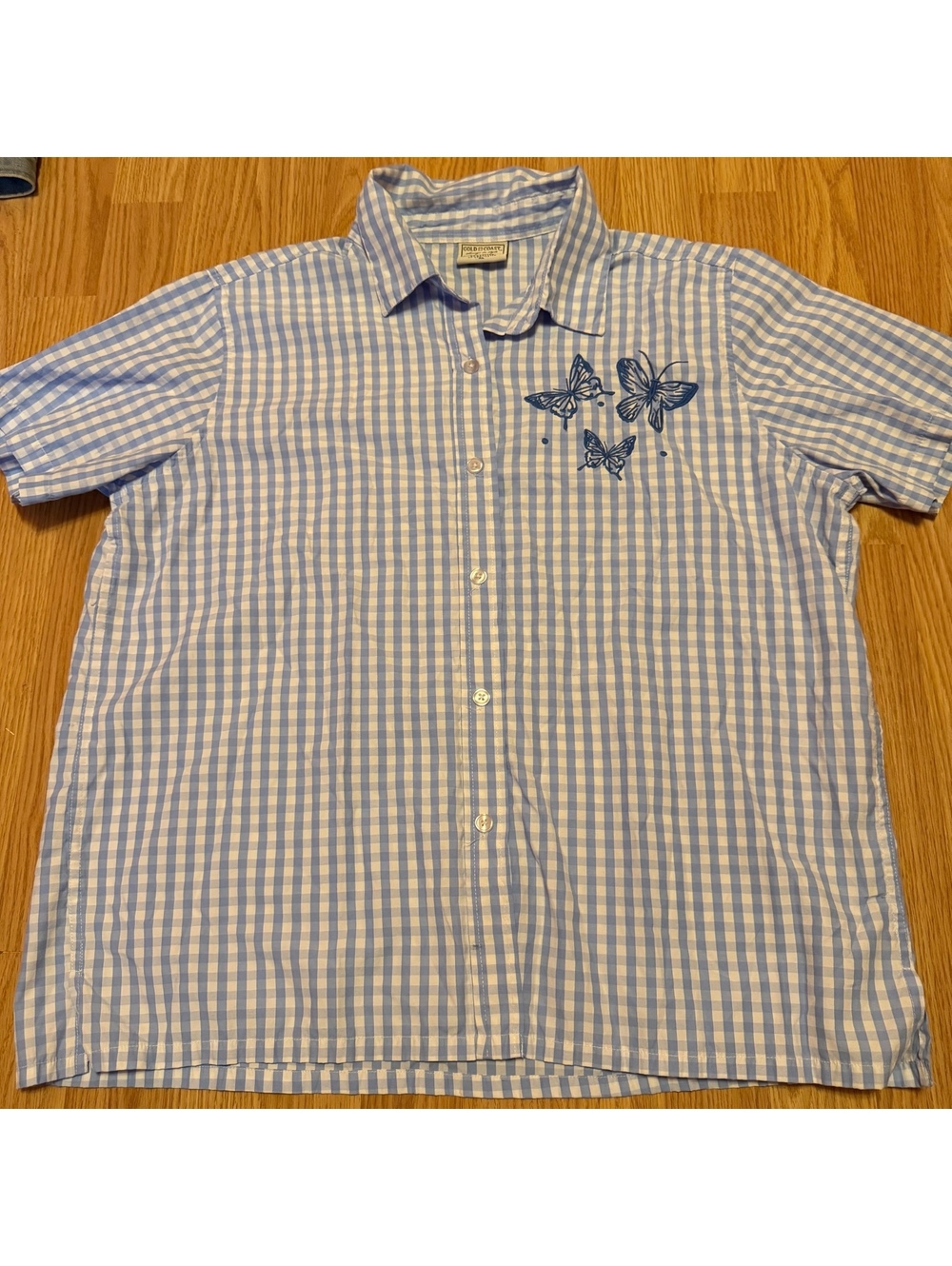Vintage Gold Coast Gingham Blue Button Down Butterflies Garden Summer XL